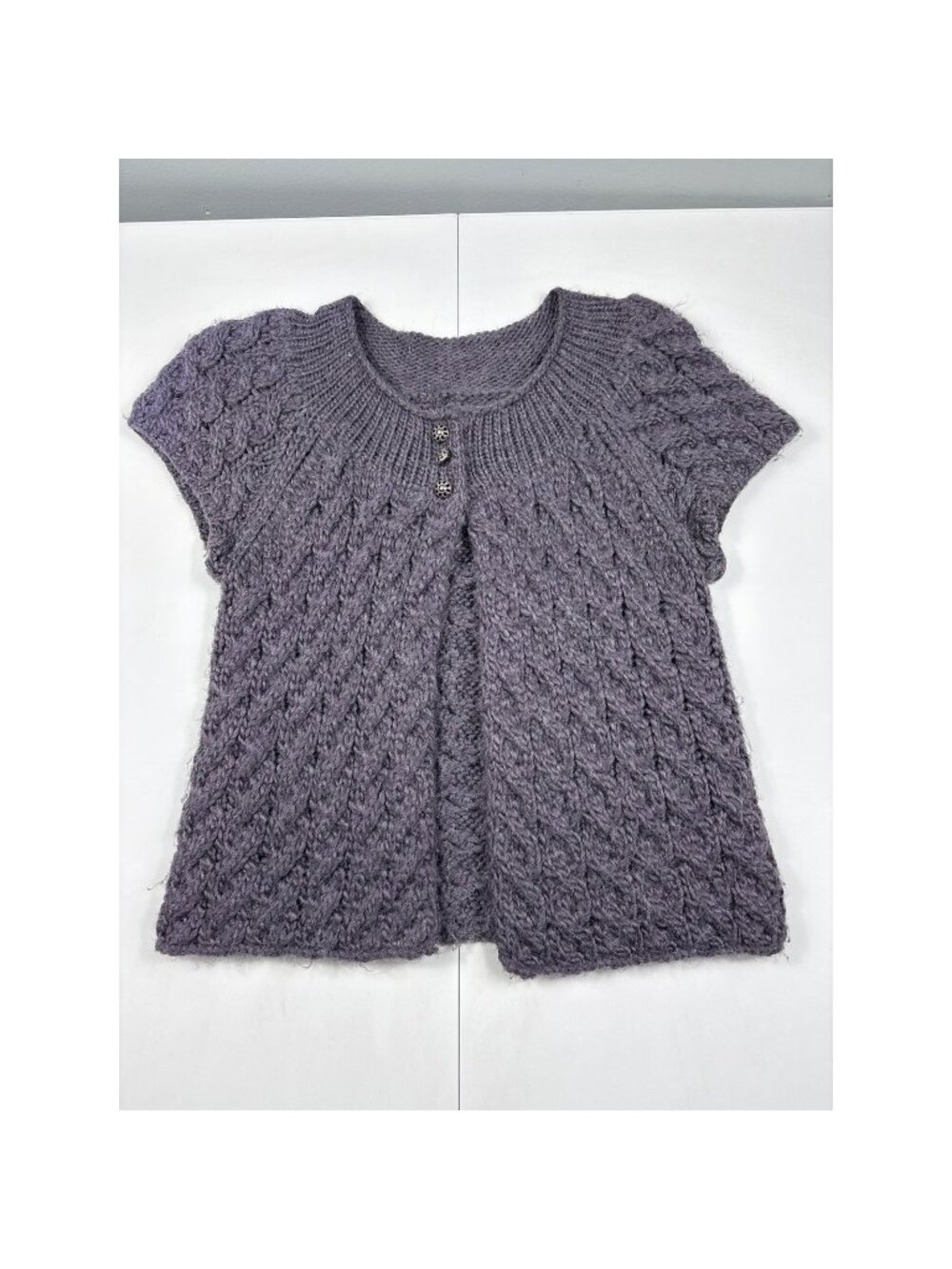 Aphorism Womens Purple Cable Knit Short Sleeve‎ Cardigan Wool Alpaca Blend Small